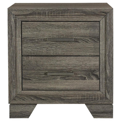 Benjara Reay Nightstand, Brown Oak Finish, 2 Drawers Silver Metal Bar Handles