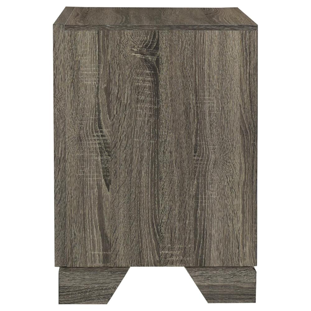 Benjara Reay Nightstand, Brown Oak Finish, 2 Drawers Silver Metal Bar Handles
