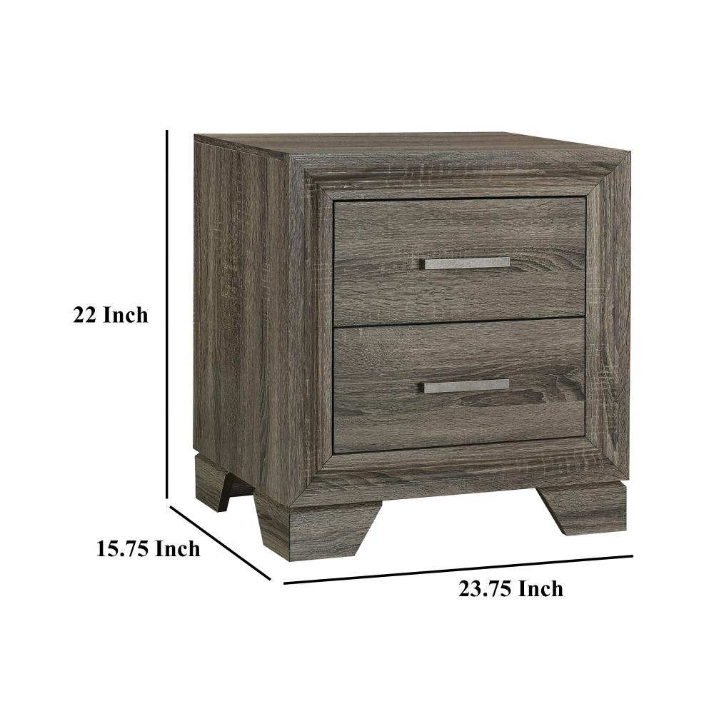 Benjara Reay Nightstand, Brown Oak Finish, 2 Drawers Silver Metal Bar Handles