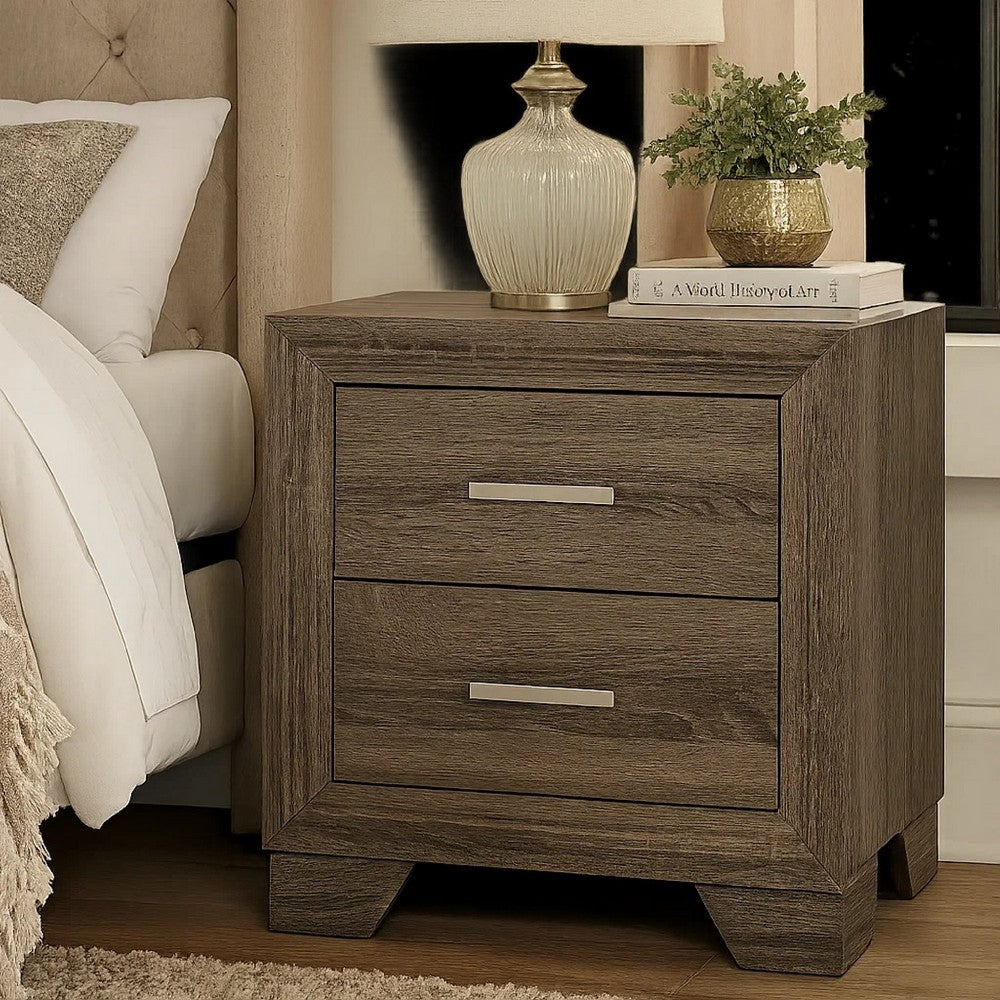 Benjara Reay Nightstand, Brown Oak Finish, 2 Drawers Silver Metal Bar Handles