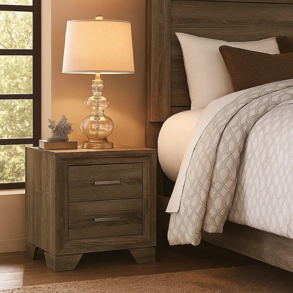 Benjara Reay Nightstand, Brown Oak Finish, 2 Drawers Silver Metal Bar Handles