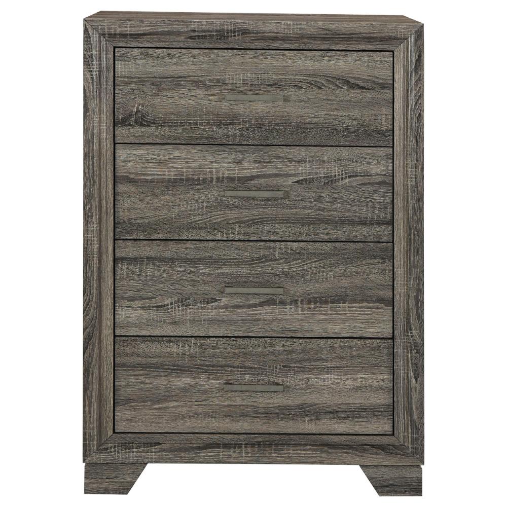 Benjara Reay Tall Dresser Chest, Brown Oak, 4 Drawers Silver Metal handles
