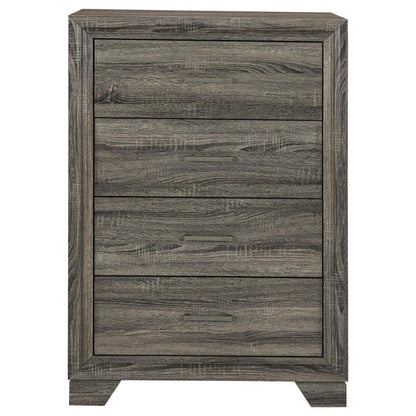 Benjara Reay Tall Dresser Chest, Brown Oak, 4 Drawers Silver Metal handles