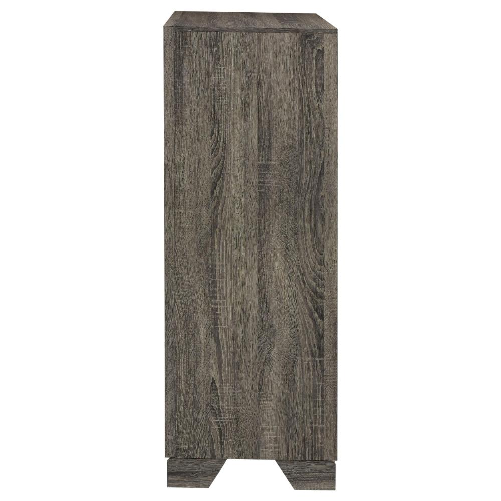 Benjara Reay Tall Dresser Chest, Brown Oak, 4 Drawers Silver Metal handles