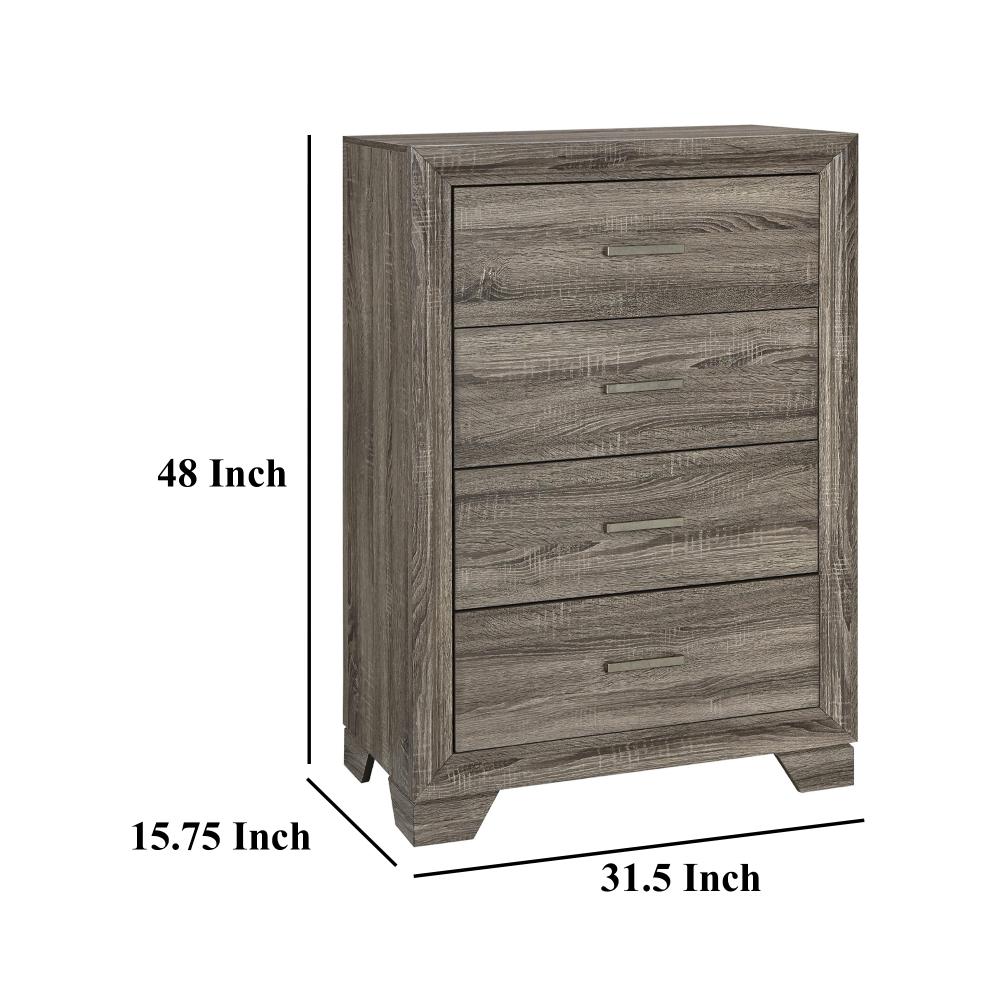 Benjara Reay Tall Dresser Chest, Brown Oak, 4 Drawers Silver Metal handles