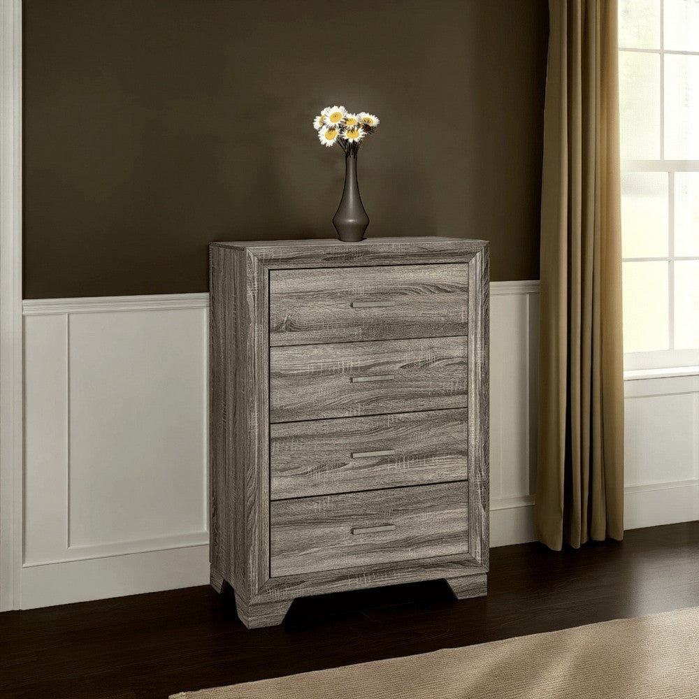 Benjara Reay Tall Dresser Chest, Brown Oak, 4 Drawers Silver Metal handles