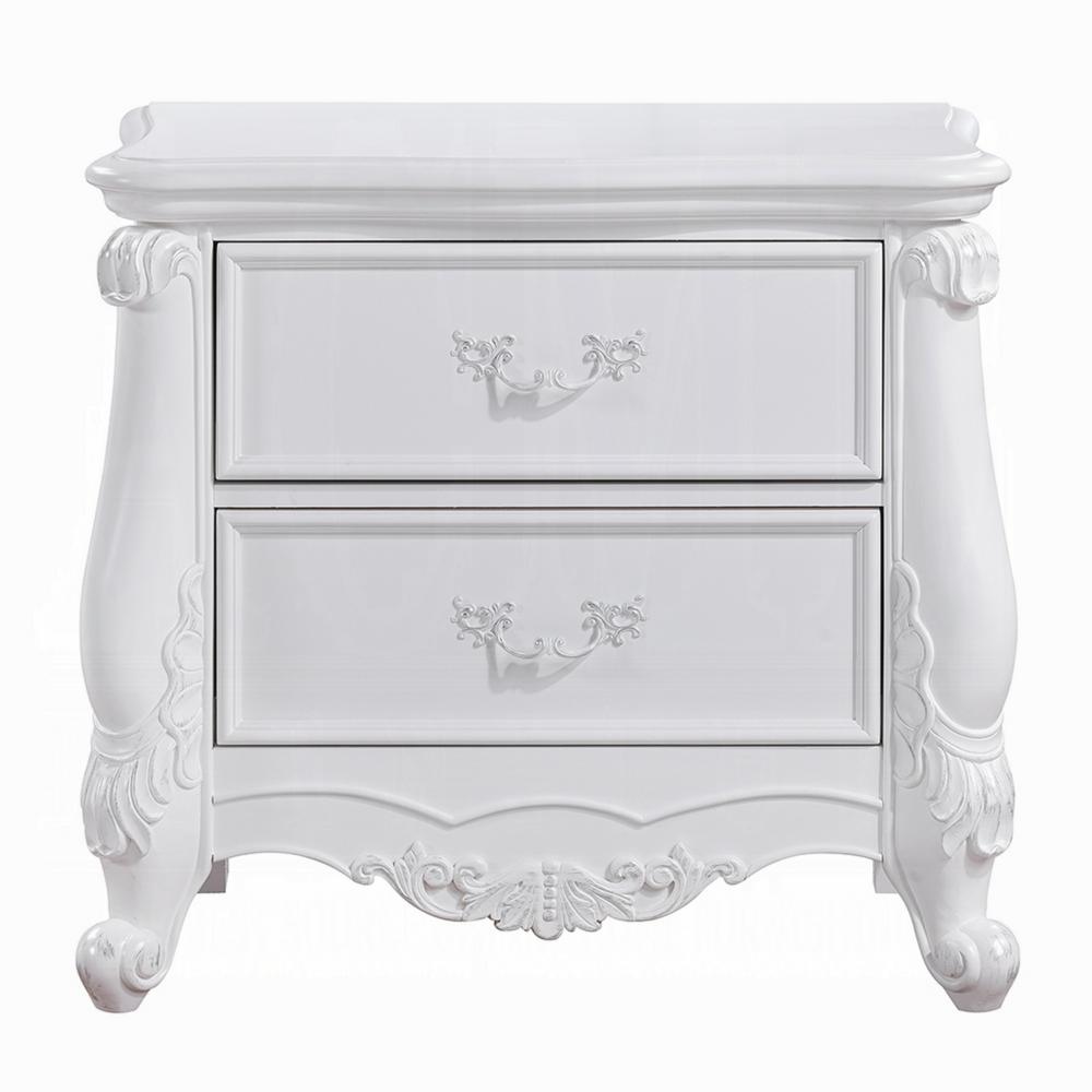 Benjara Maver Nightstand with 2 Drawers Scrolled Details, 32 Inch White Wood