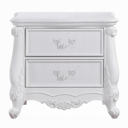 Benjara Maver Nightstand with 2 Drawers Scrolled Details, 32 Inch White Wood