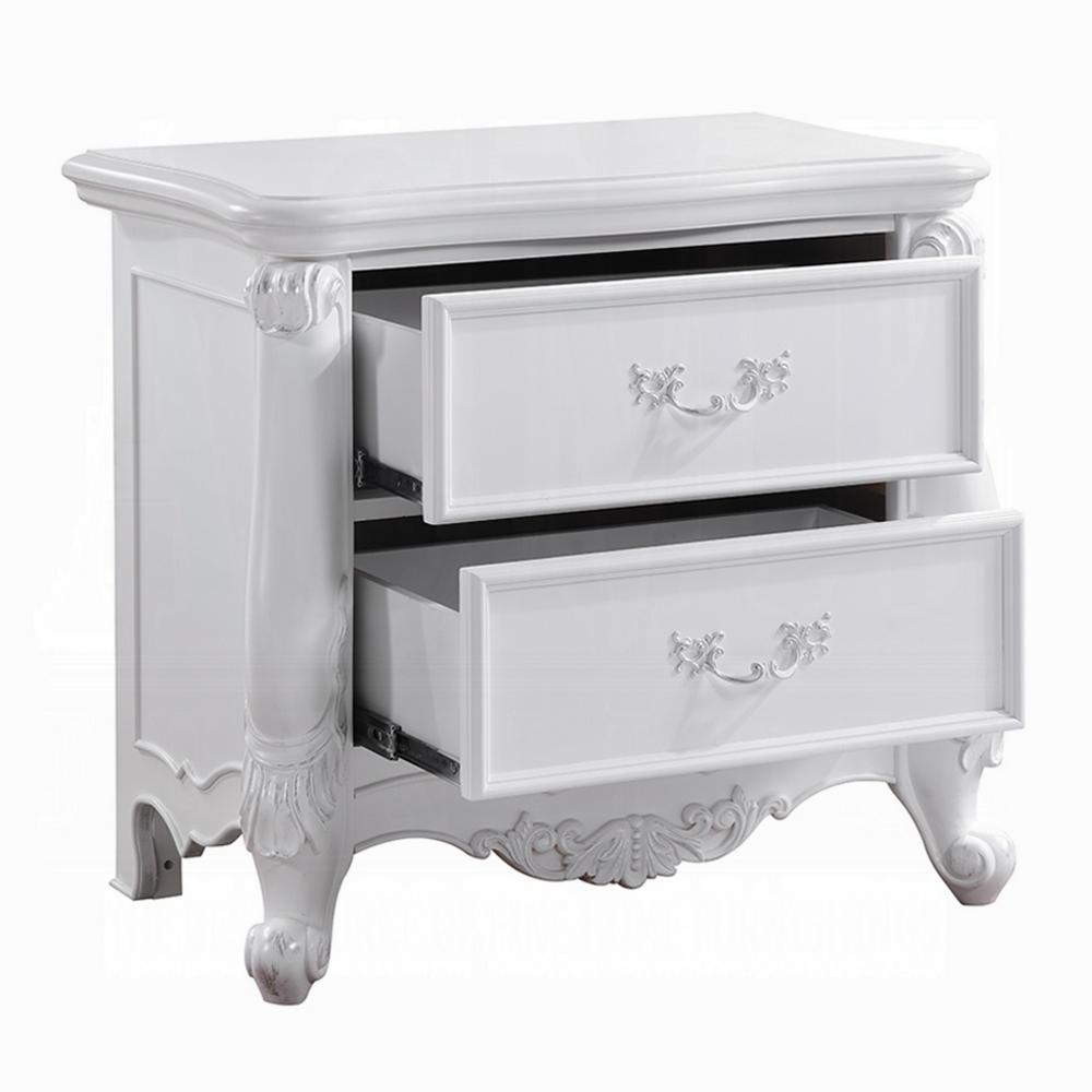 Benjara Maver Nightstand with 2 Drawers Scrolled Details, 32 Inch White Wood