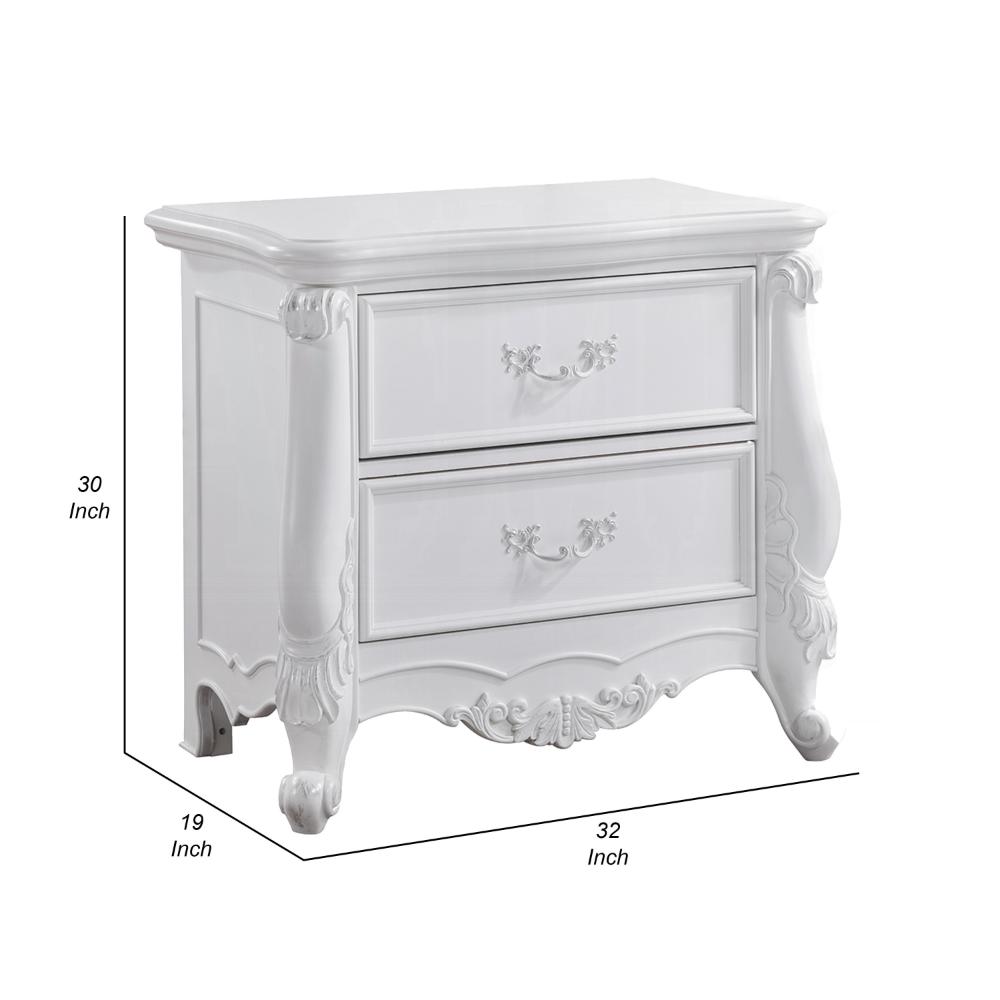 Benjara Maver Nightstand with 2 Drawers Scrolled Details, 32 Inch White Wood