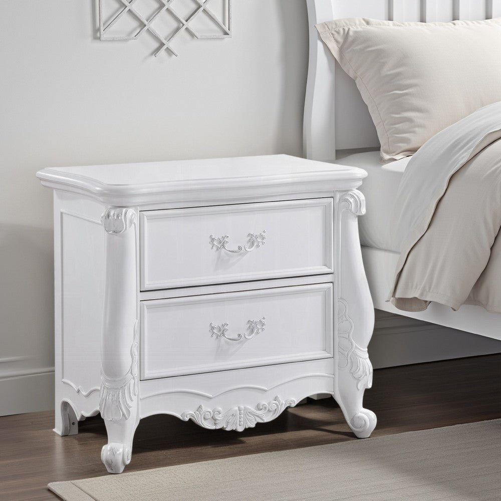 Benjara Maver Nightstand with 2 Drawers Scrolled Details, 32 Inch White Wood