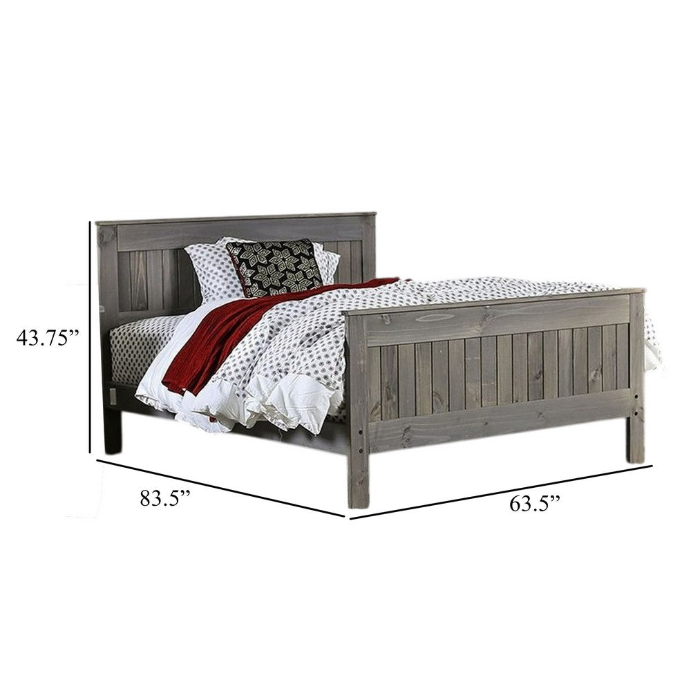 Benjara Waly Queen Bed, Farmhouse Plank Style Design, Classic Gray Pine Wood