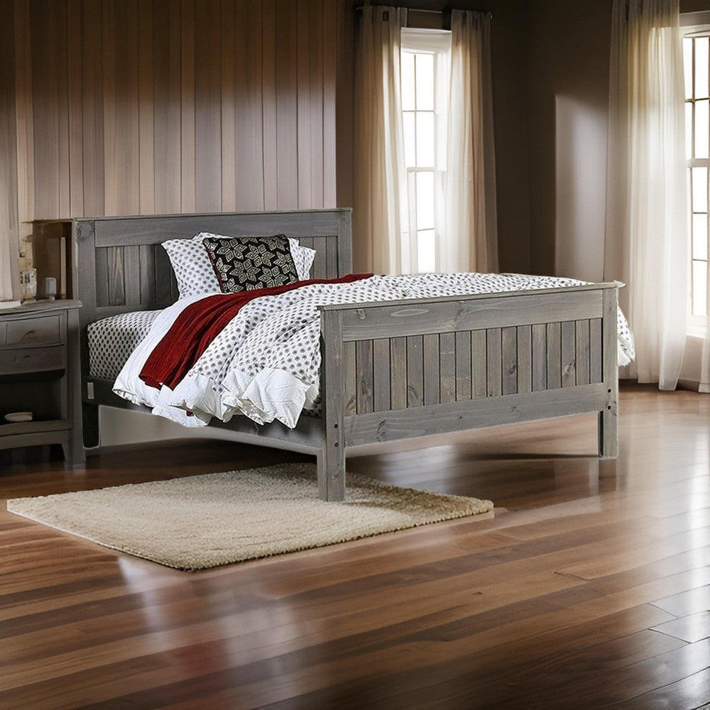 Benjara Waly Queen Bed, Farmhouse Plank Style Design, Classic Gray Pine Wood