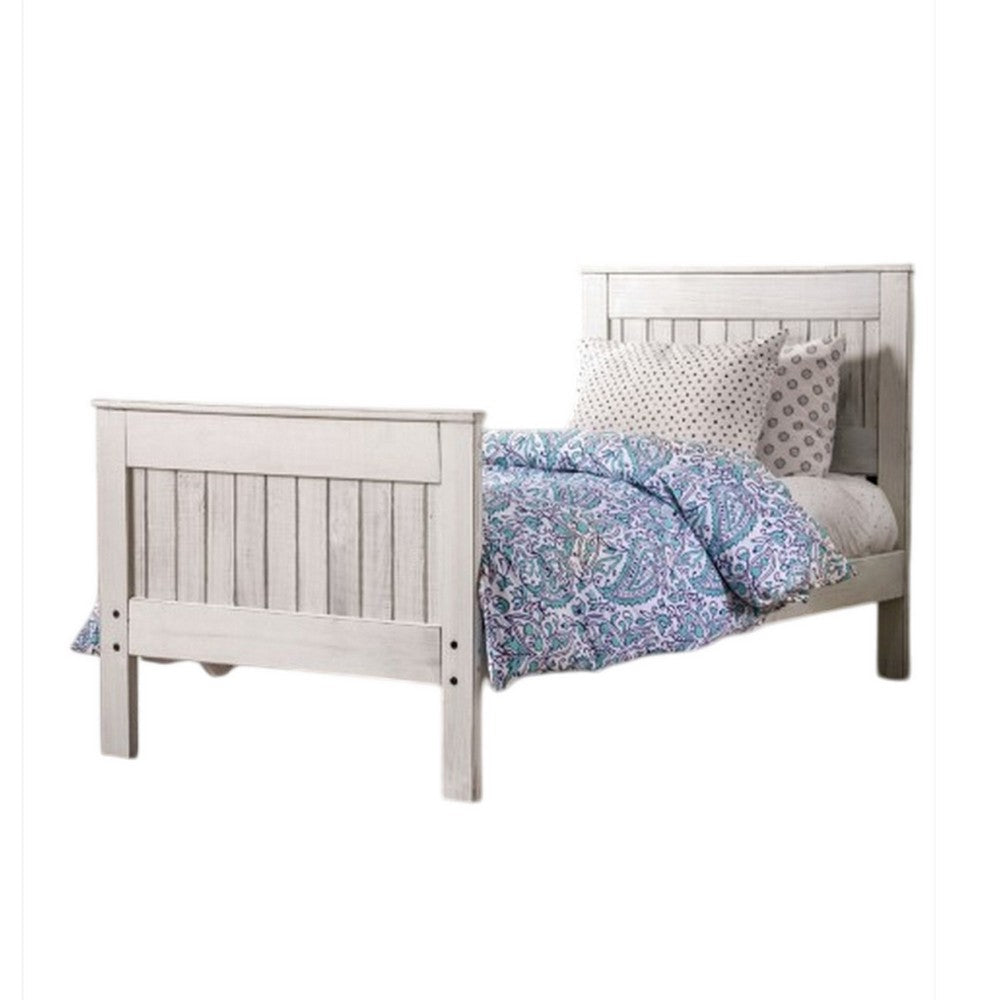 Benjara Waly Queen Bed, Farmhouse Plank Design, Classic White Solid Pine Wood