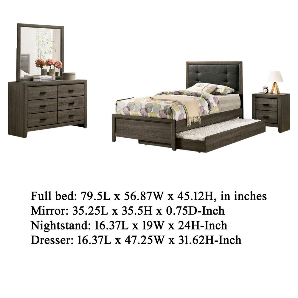 Benjara Meli 4pc Full Size Bedroom Set, Upholstered, Dresser, Gray Solid Wood