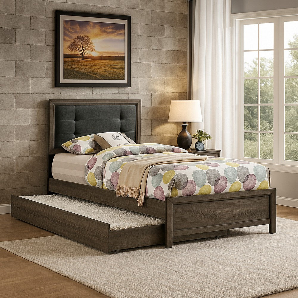Benjara Meli Full Size Bed, Tufted Fabric Upholstery, Dark Gray Solid Wood