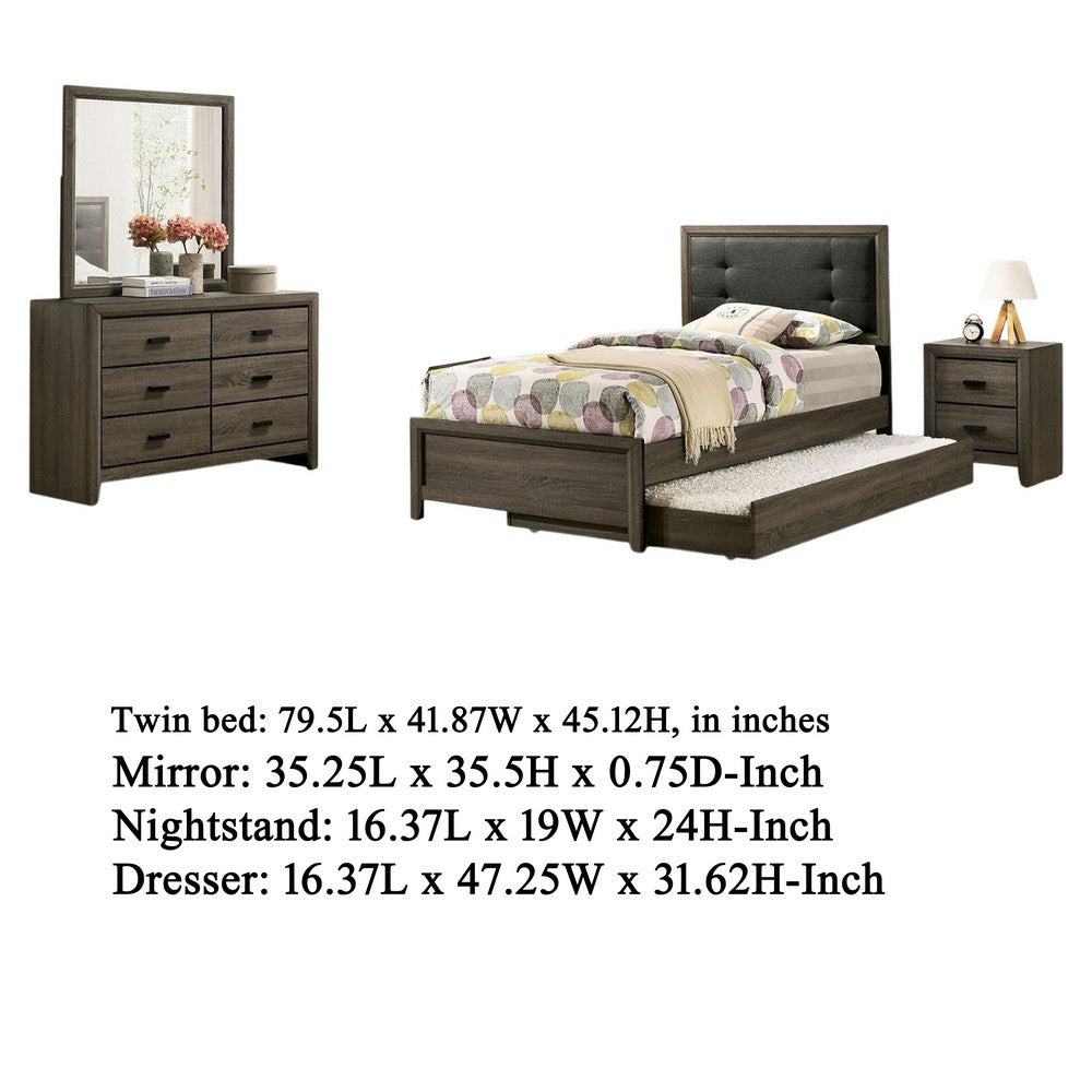 Benjara Meli 4pc Twin Size Bed Set with Dresser, Dark Gray Solid Wood Frame