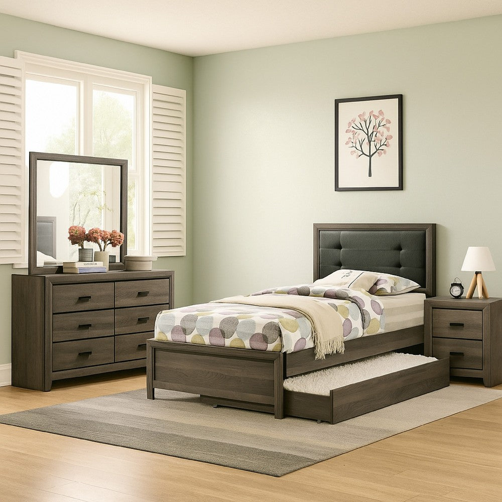 Benjara Meli 4pc Twin Size Bed Set with Dresser, Dark Gray Solid Wood Frame
