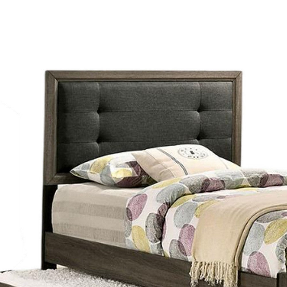 Benjara Meli Twin Size Bed, Button Tufted Upholstery, Dark Gray Solid Wood