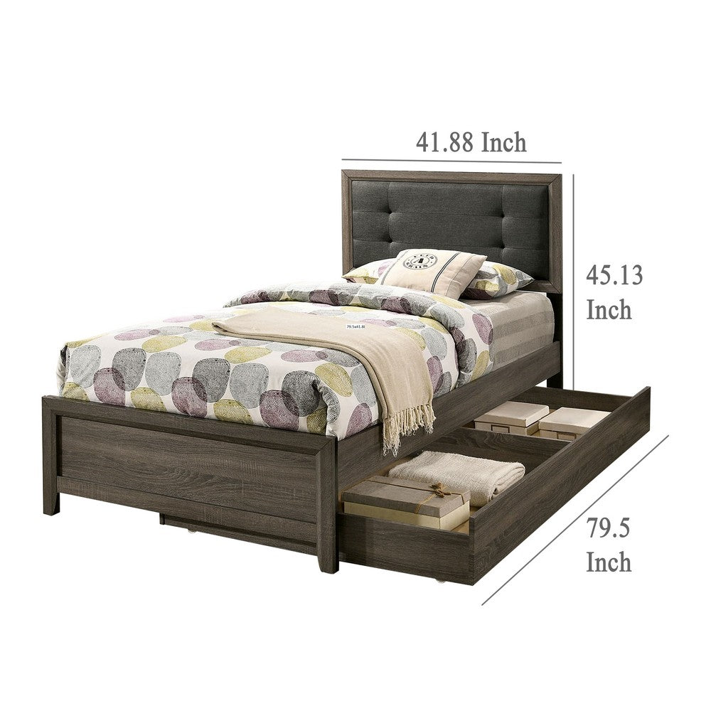 Benjara Meli Twin Size Bed, Button Tufted Upholstery, Dark Gray Solid Wood