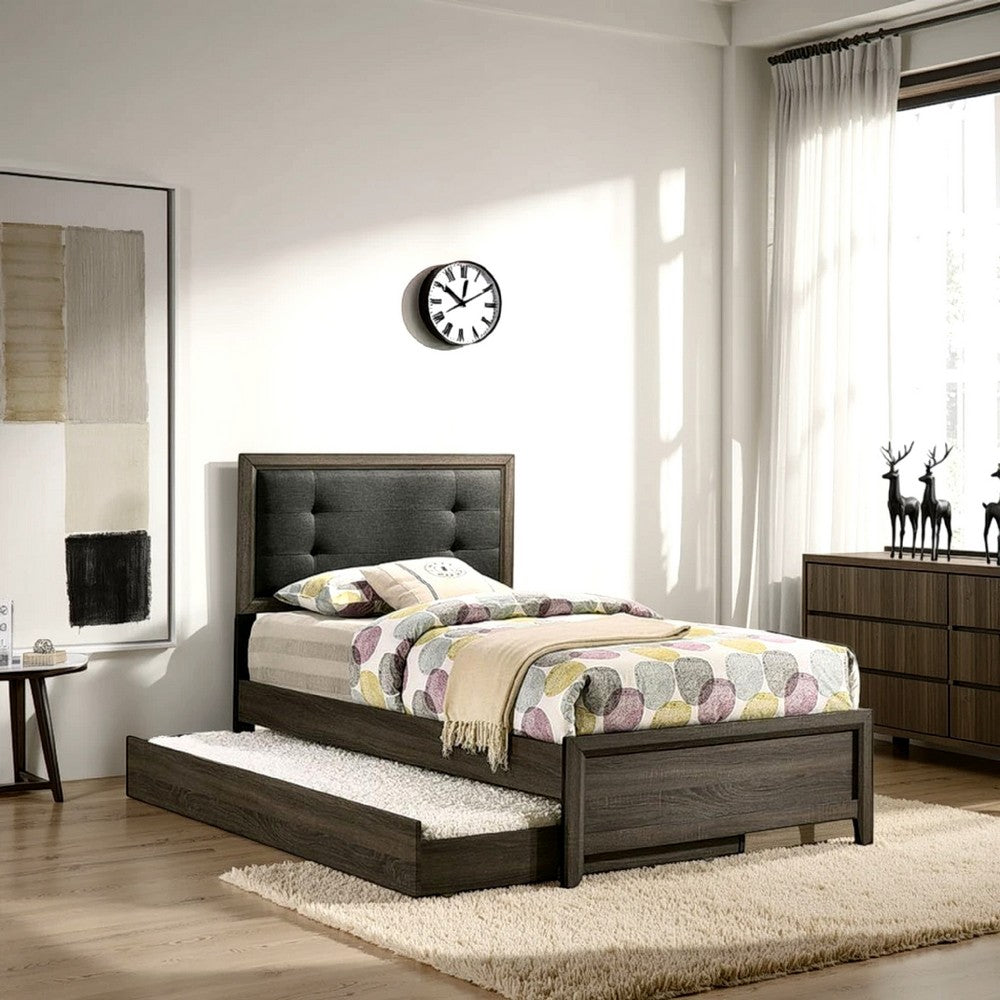 Benjara Meli Twin Size Bed, Button Tufted Upholstery, Dark Gray Solid Wood