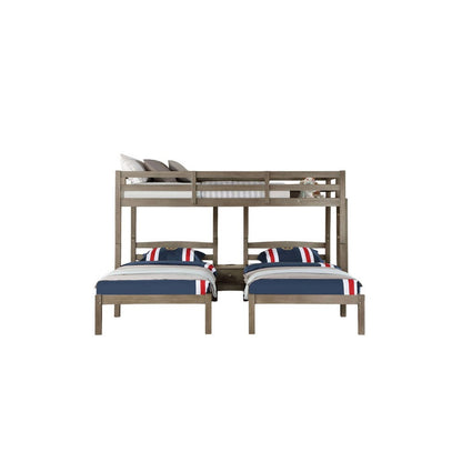 Benjara Tenn Triple Twin Bunk Bed, Built In Nightstand And USB Port, Gray Wood