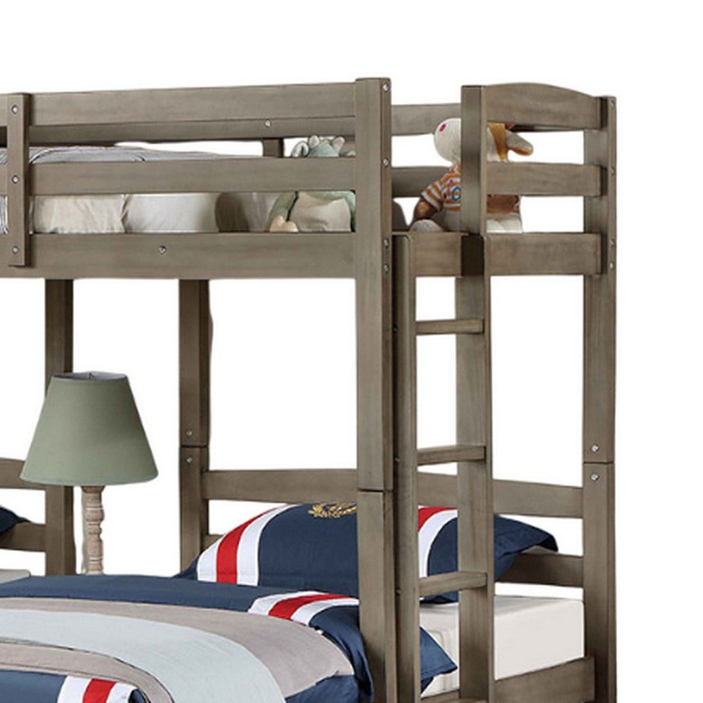 Benjara Tenn Triple Twin Bunk Bed, Built In Nightstand And USB Port, Gray Wood