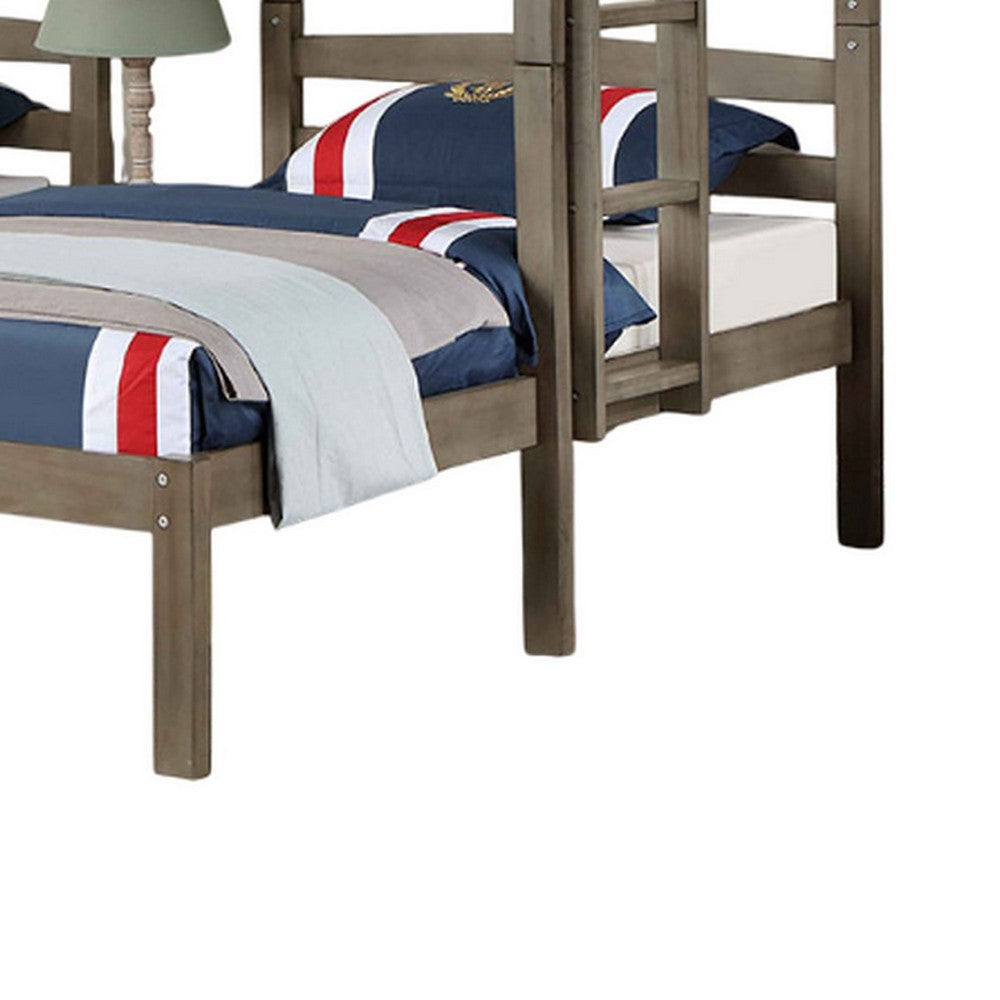 Benjara Tenn Triple Twin Bunk Bed, Built In Nightstand And USB Port, Gray Wood