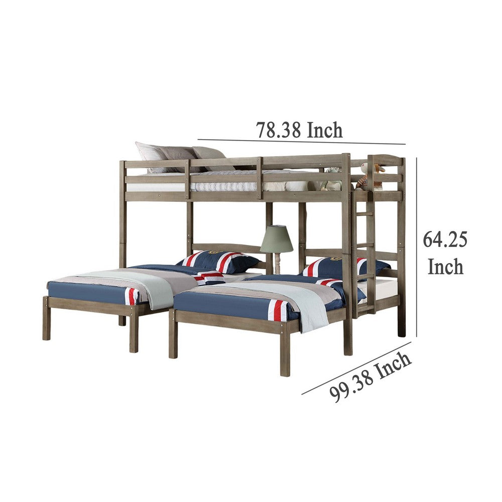 Benjara Tenn Triple Twin Bunk Bed, Built In Nightstand And USB Port, Gray Wood
