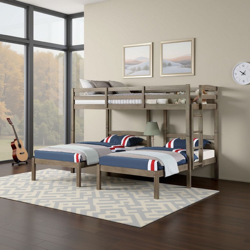 Benjara Tenn Triple Twin Bunk Bed, Built In Nightstand And USB Port, Gray Wood