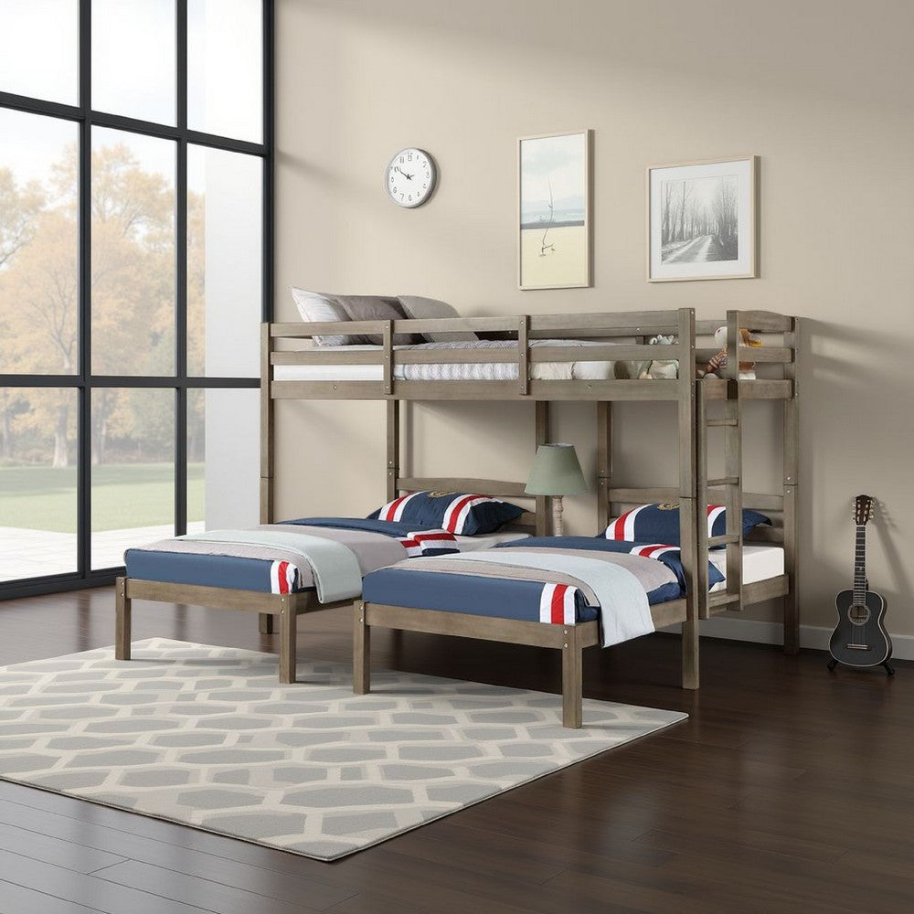 Benjara Tenn Triple Twin Bunk Bed, Built In Nightstand And USB Port, Gray Wood