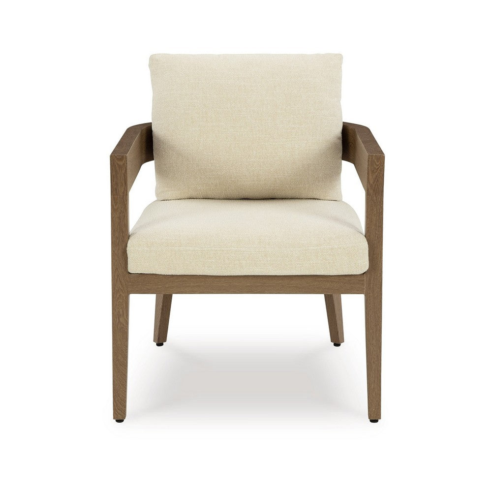 Benjara Baily Outdoor Armchair Set of 2, Cream White Fabric, Brown Metal