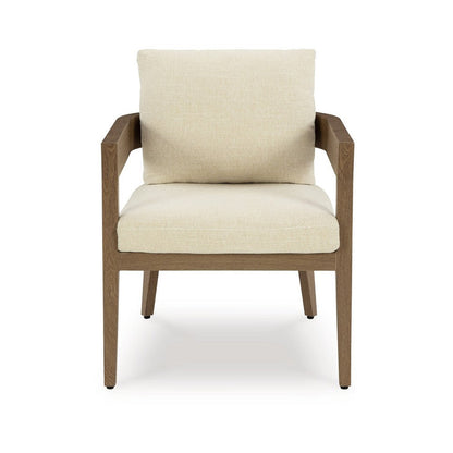 Benjara Baily Outdoor Armchair Set of 2, Cream White Fabric, Brown Metal