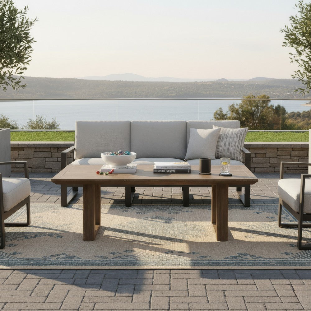 Benjara Baily Outdoor Cocktail Coffee Table, 49 Inch Woodlike Brown Metal