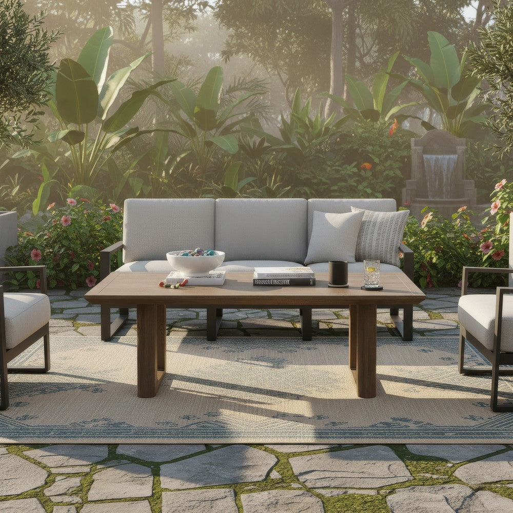 Benjara Baily Outdoor Cocktail Coffee Table, 49 Inch Woodlike Brown Metal