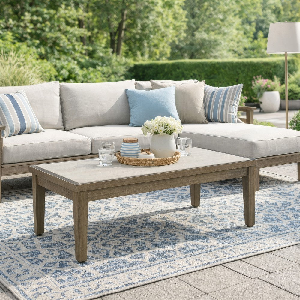 Benjara Inaya Outdoor Coffee Table, Brown, Beige Sintered Stone Top, 49 Inch