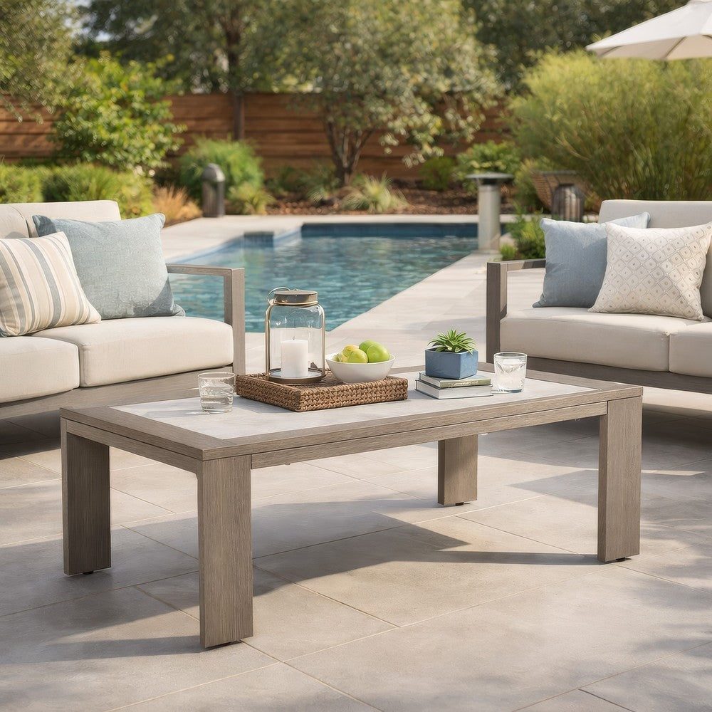 Benjara Isle Outdoor Cocktail Coffee Table, Woodlike Gray Brown Metal, 48 Inch