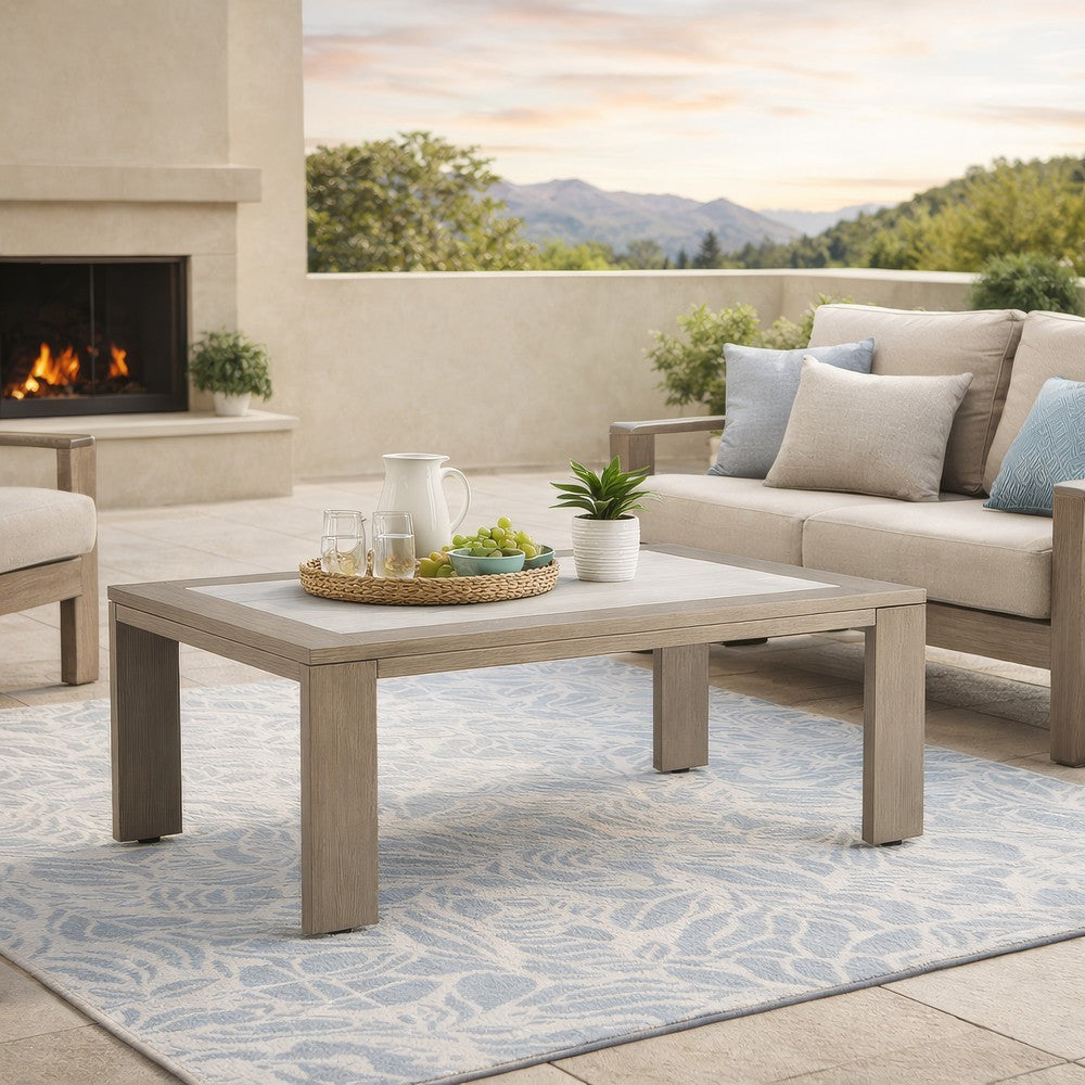 Benjara Isle Outdoor Cocktail Coffee Table, Woodlike Gray Brown Metal, 48 Inch