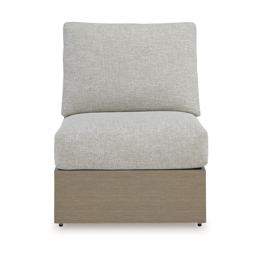 Benjara Isle Outdoor Armless Chair, Gray Cushion, Woodlike Brown Metal Frame