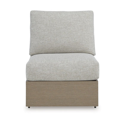 Benjara Isle Outdoor Armless Chair, Gray Cushion, Woodlike Brown Metal Frame