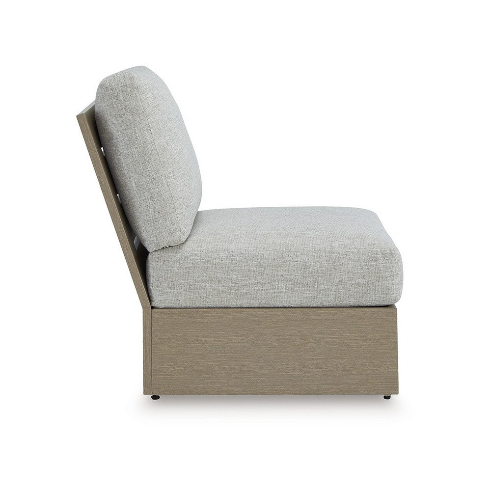 Benjara Isle Outdoor Armless Chair, Gray Cushion, Woodlike Brown Metal Frame