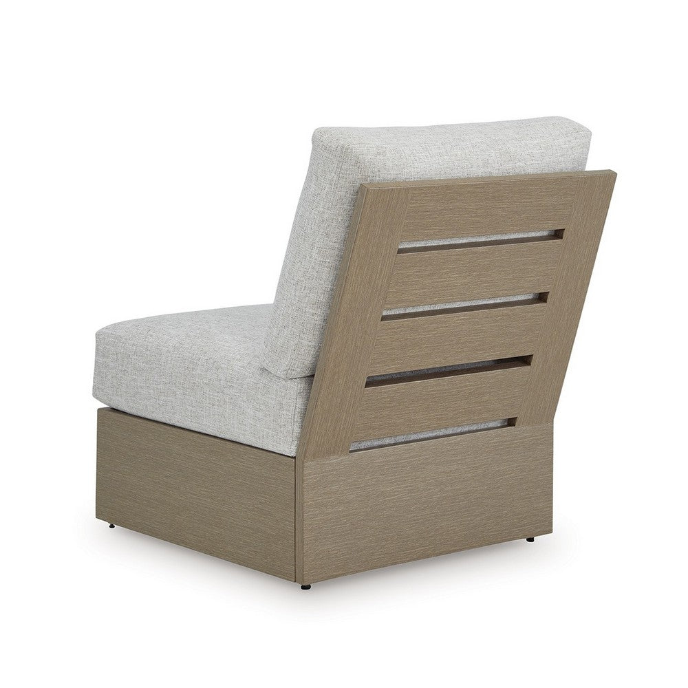 Benjara Isle Outdoor Armless Chair, Gray Cushion, Woodlike Brown Metal Frame