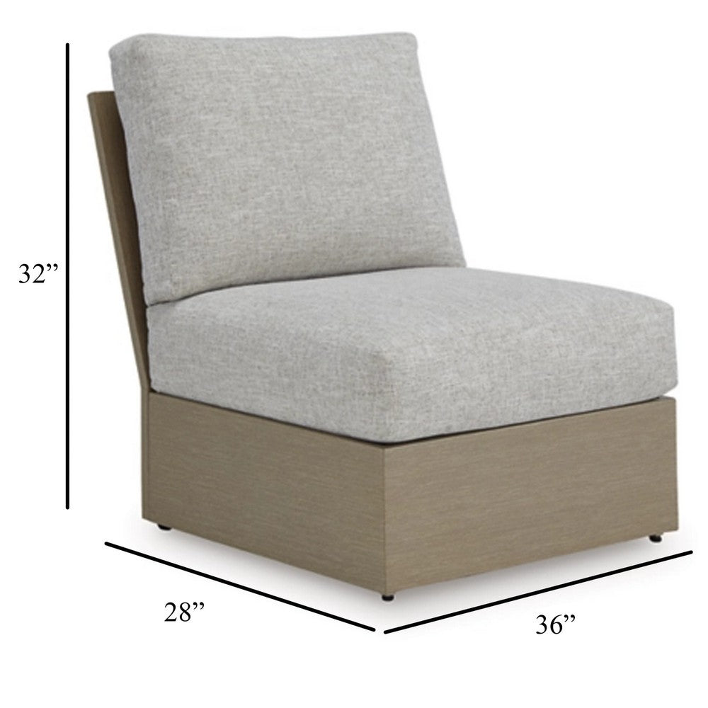 Benjara Isle Outdoor Armless Chair, Gray Cushion, Woodlike Brown Metal Frame