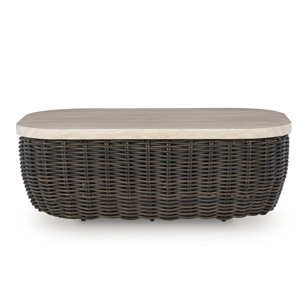 Benjara Kimo Outdoor Cocktail Coffee Table, Brown Wicker Details, 50 Inch