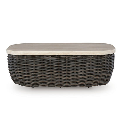 Benjara Kimo Outdoor Cocktail Coffee Table, Brown Wicker Details, 50 Inch