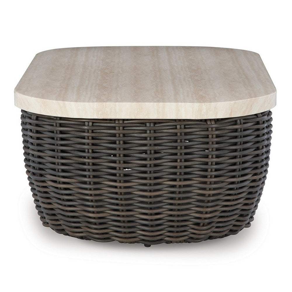 Benjara Kimo Outdoor Cocktail Coffee Table, Brown Wicker Details, 50 Inch