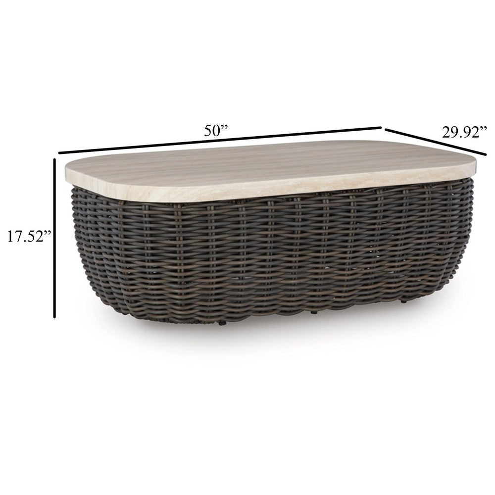 Benjara Kimo Outdoor Cocktail Coffee Table, Brown Wicker Details, 50 Inch