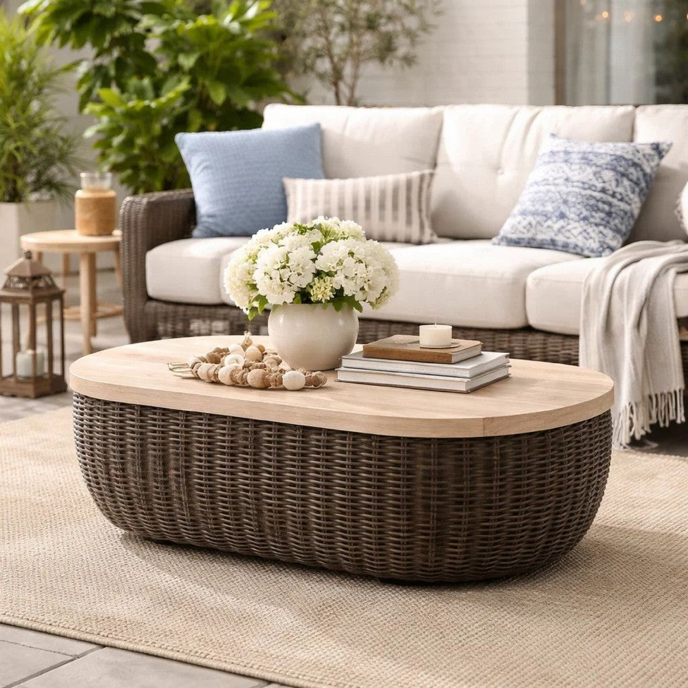 Benjara Kimo Outdoor Cocktail Coffee Table, Brown Wicker Details, 50 Inch