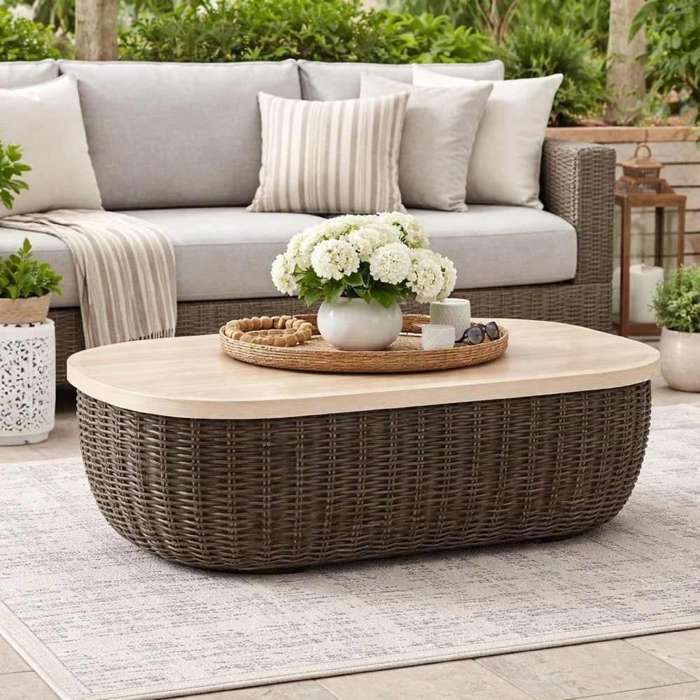 Benjara Kimo Outdoor Cocktail Coffee Table, Brown Wicker Details, 50 Inch