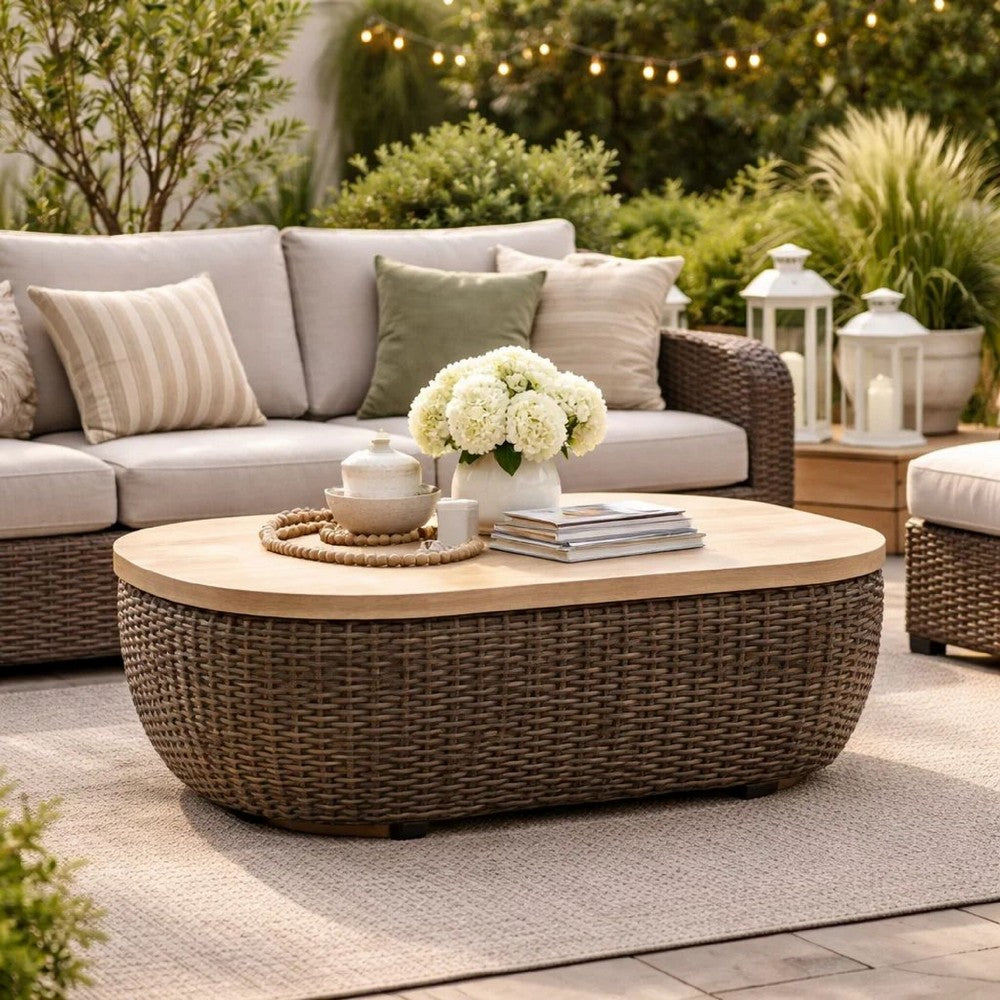 Benjara Kimo Outdoor Cocktail Coffee Table, Brown Wicker Details, 50 Inch